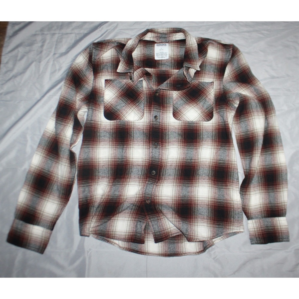Boys Sonoma flannel plaid shirt brown and white size L